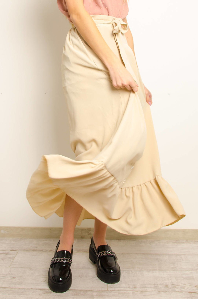 BEŻOWA MAXI SPÓDNICA Z FALBANĄ NA DOLE
