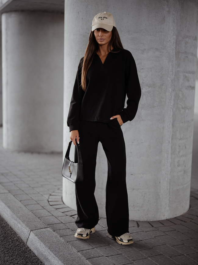 KOMPLET DZIANINOWY SWETERKOWA BLUZA+ SPODNIE- CZARNY