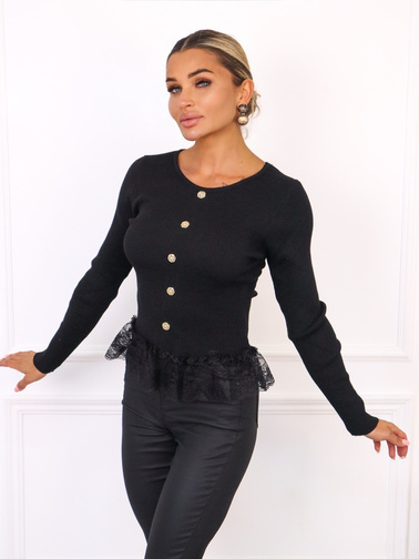 SWETER Z OZDOBNYMI GUZIKAMI ZAKOŃCZONY KORONKĄ- CZARNY