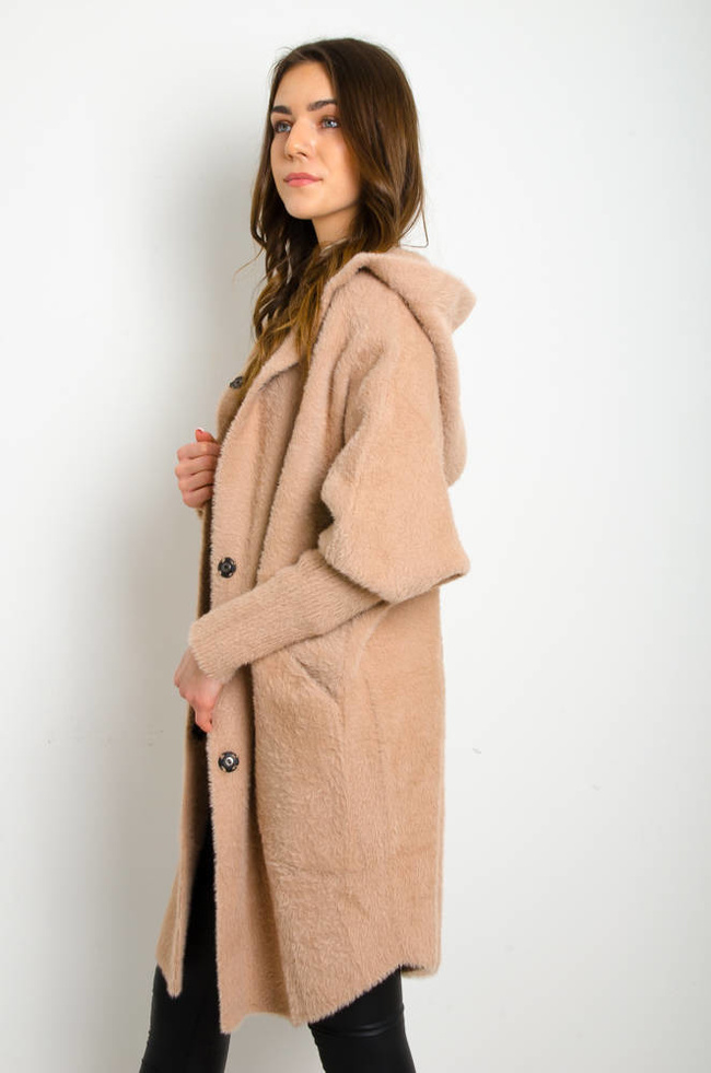 PŁASZCZ DŁUGI WEŁNIANY ALPAKA Z KAPTUREM- BRĄZOWY 