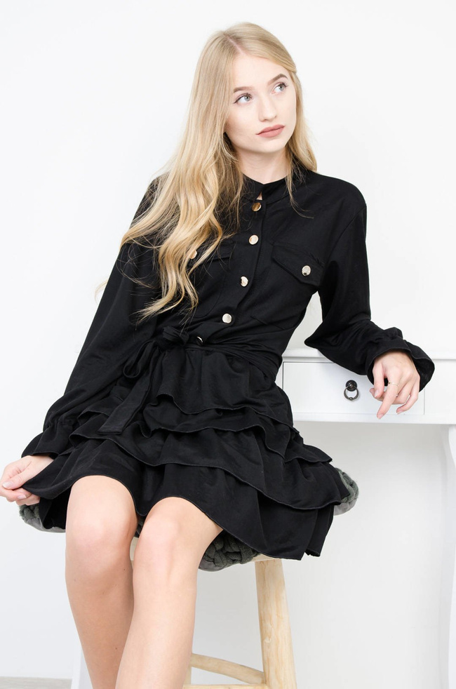 CZARNA SUKIENKA KOSZULOWA Z FALBANAMI
