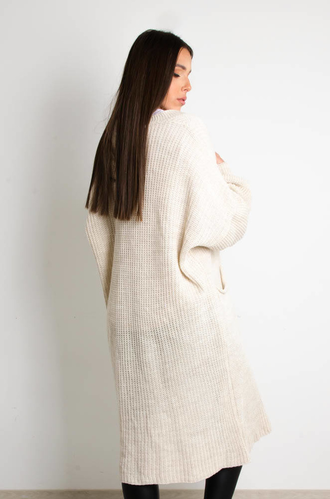 BEŻOWY DŁUGI SWETER KARDIGAN Z SZEROKIMI RĘKAWAMI