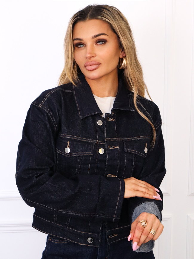 KURTKA JEANSOWA ZAPINANA NA GUZIKI Z PODWIJANYMI RĘKAWAMI- GRANATOWA