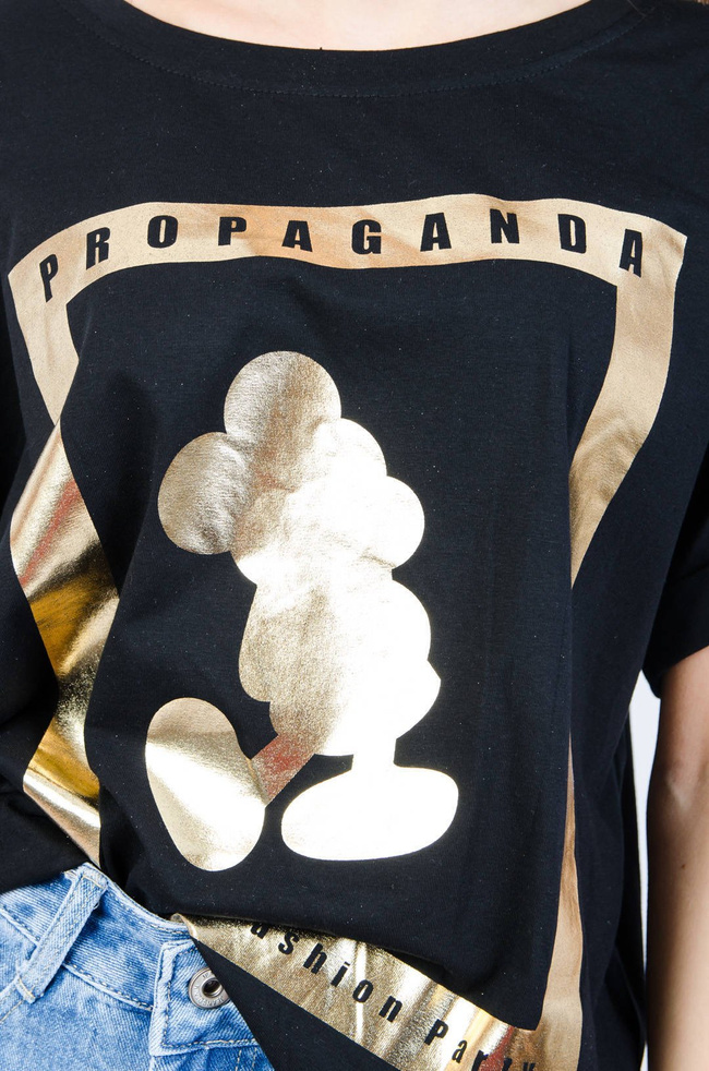 CZARNY BAWEŁNIANY T-SHIRT ZE ZŁOTYM NADRUKIEM ORAZ WIĄZANIEM NA PLECACH 