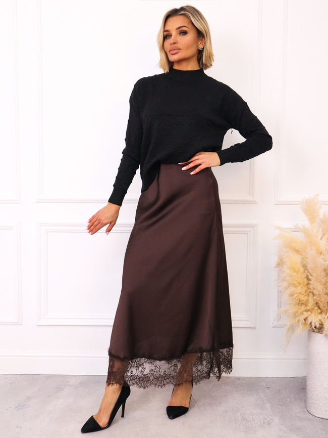 SPÓDNICA SATYNOWA MAXI ZAKOŃCZONA KORONKĄ- CZEKOLADOWA