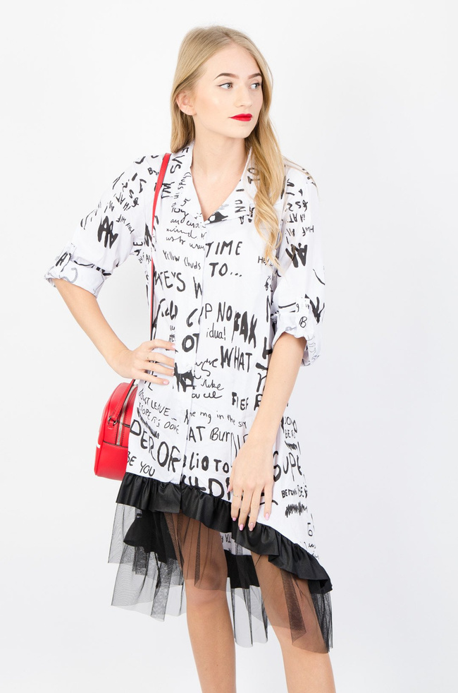 BIAŁA KOSZULOWA SUKIENKA/TUNIKA Z NAPISAMI 