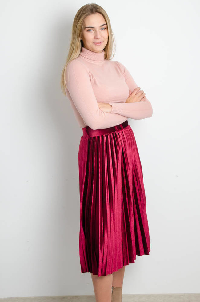 BORDOWA WELUROWA PLISOWANA SPÓDNICA Z PASKIEM-MIDI