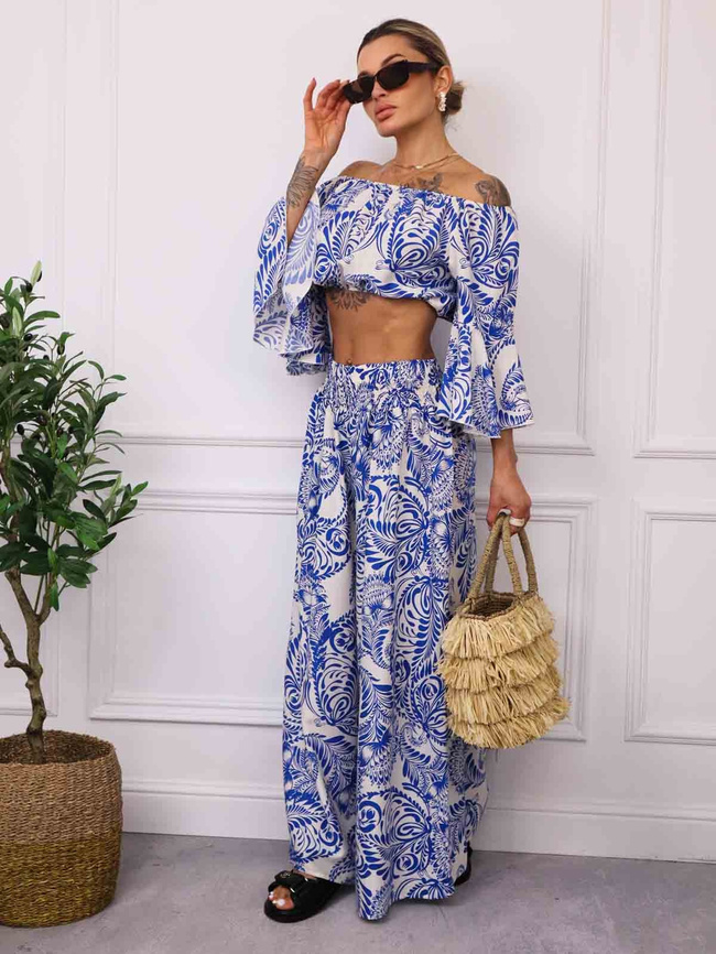 KOMPLET WZORZYSTY TOP+ SPODNIE- NIEBIESKI