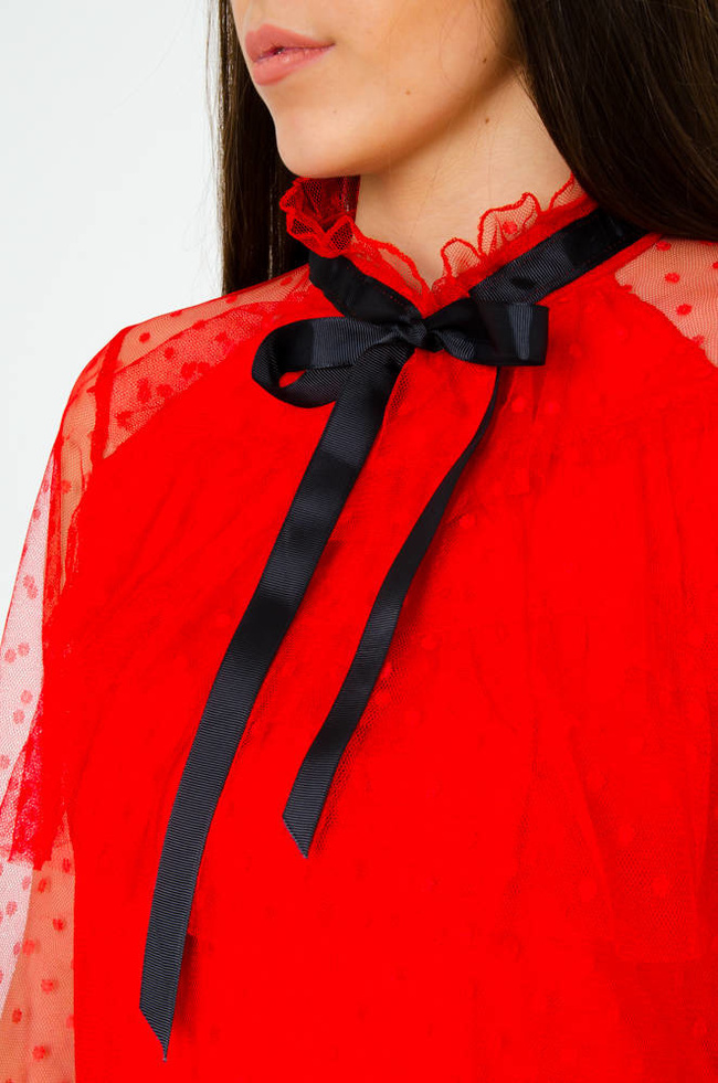 CZERWONA TIULOWA BLUZKA W KROPKI Z WIĄZANIEM 