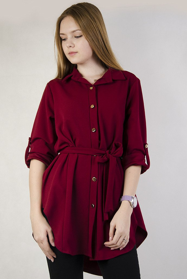 Bordowa tunika z wiązaniem w pasie