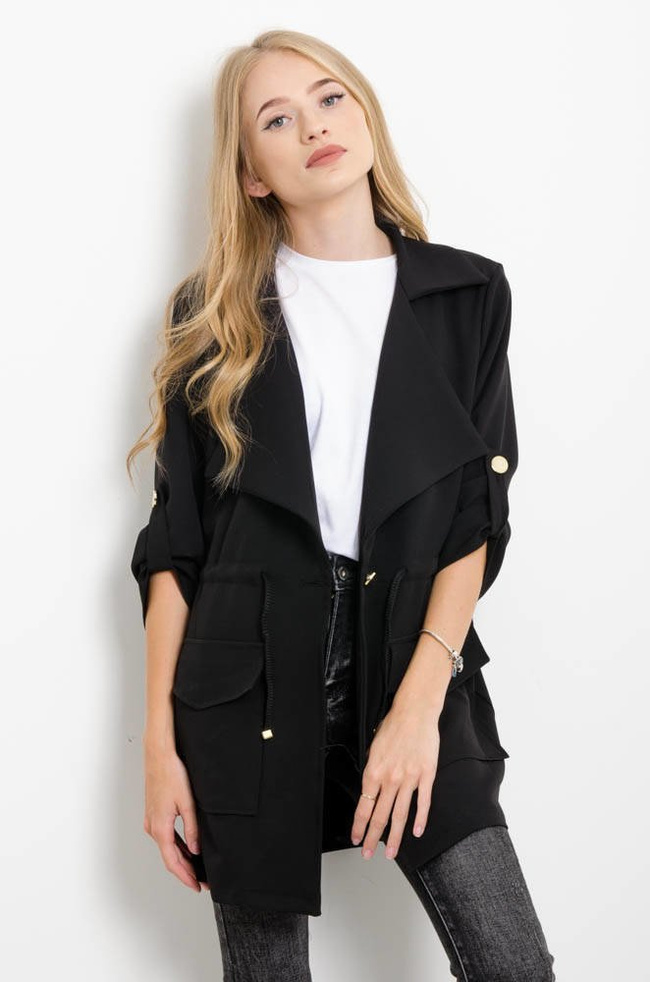 CZARNA NARZUTKA ŚCIĄGANA W PASIE,ZAPINANA NA ZŁOTY GUZIK