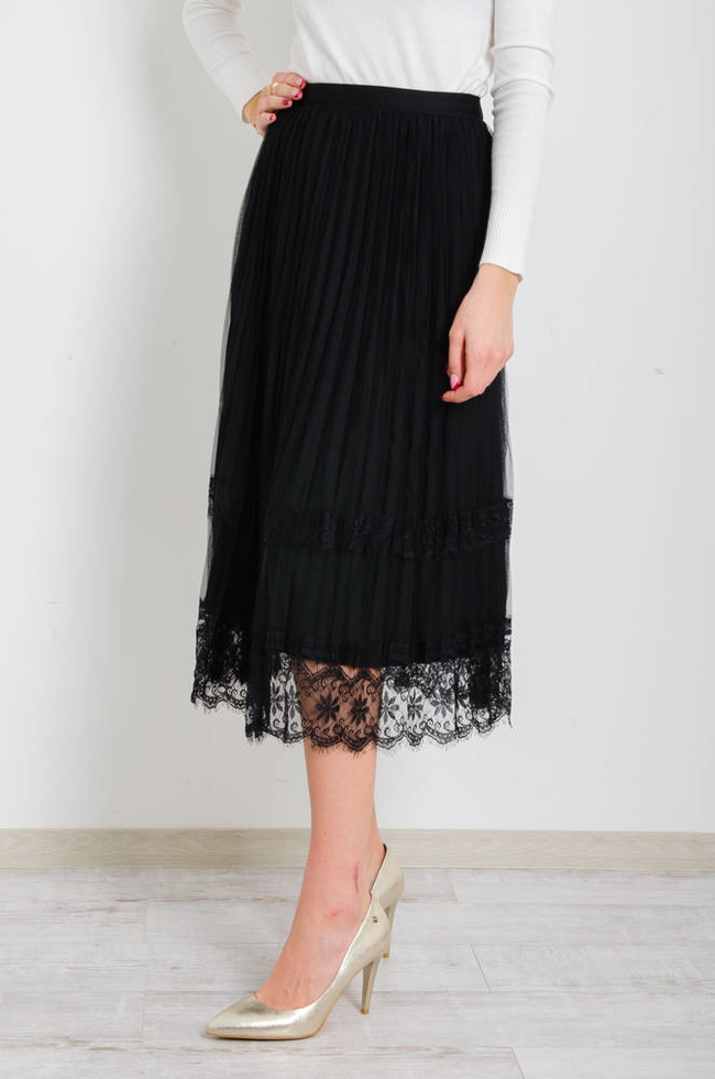 CZARNA DWUSTRONNA SPÓDNICA,WELUR -TIUL- KORONKA