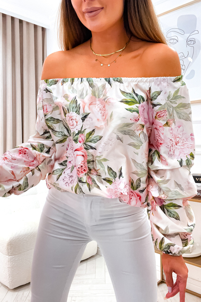 BLUZKA HISZPANKA W KWIATY Z MARSZCZONYMI RĘKAWAMI- EKRI