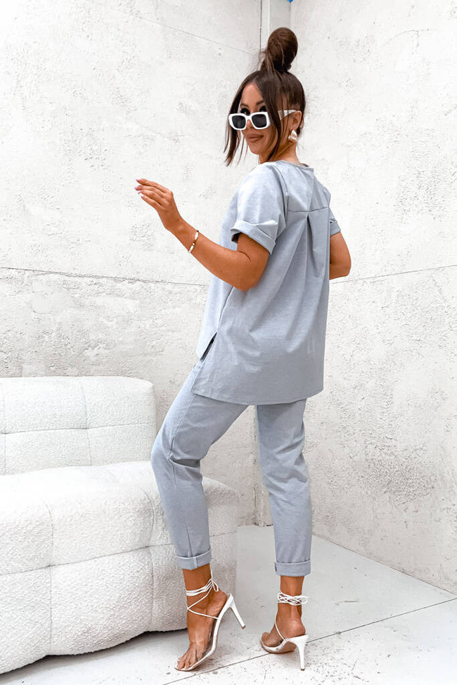 KOMPLET ASYMETRYCZNA BLUZKA+ SPODNIE Z PASKIEM- SZARY