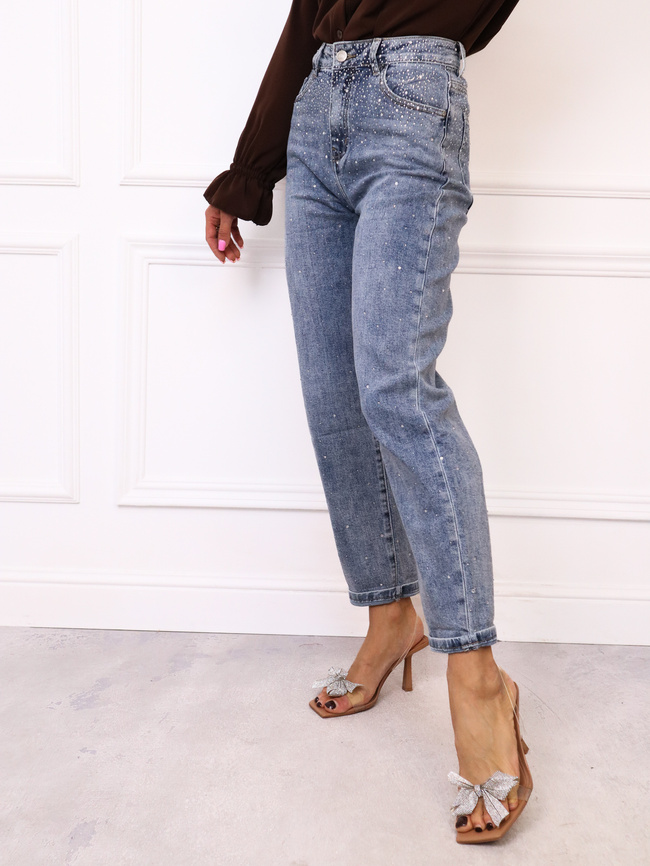 SPODNIE JEANSOWE MOM FIT ZDOBIONE CYRKONIAMI- NIEBIESKIE