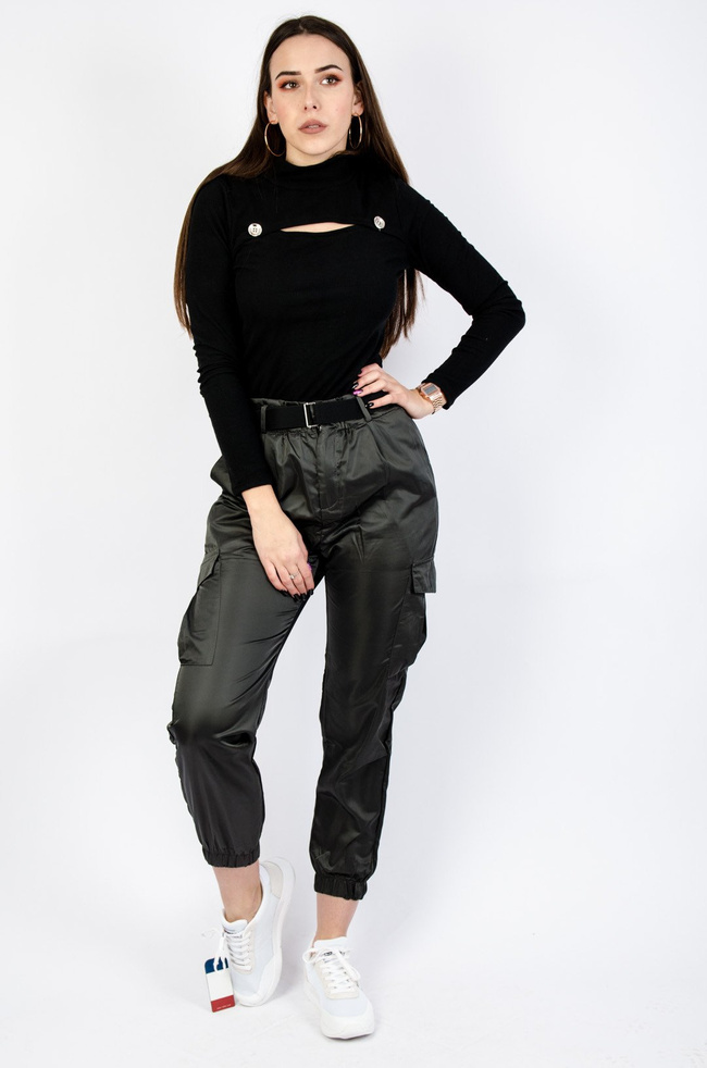 SATYNOWE SPODNIE BOJÓWKI W KOLORZE GRAFITOWYM  + PASEK