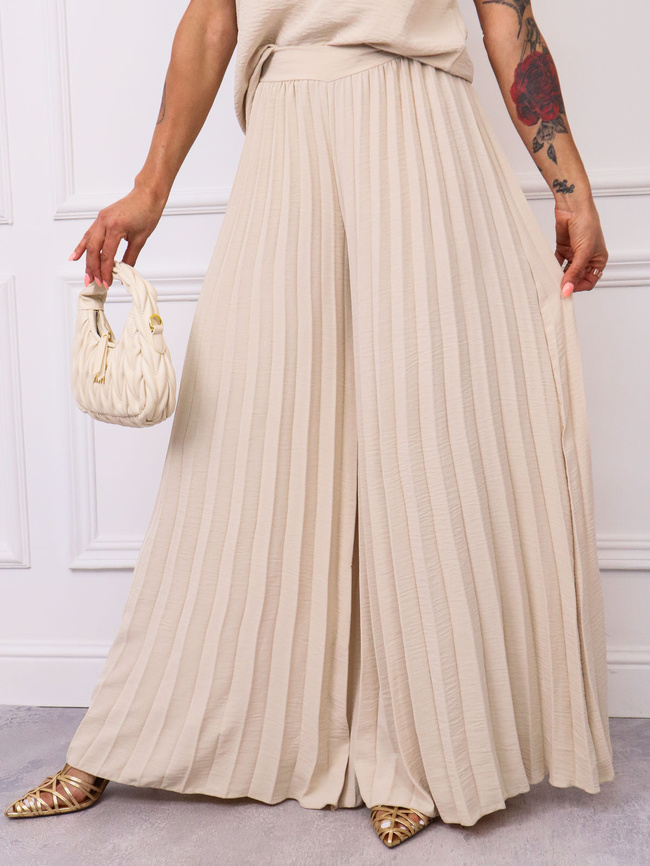 KOMPLET BLUZKA+ SZEROKIE PLISOWANE SPODNIE- BEŻOWY