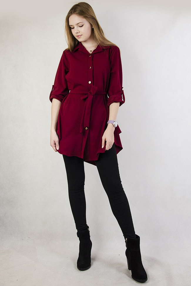 Bordowa tunika z wiązaniem w pasie