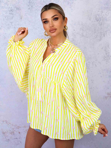 BLUZKA KOSZULOWA OVERSIZE W PASKI I KWIATY- ŻÓŁTA