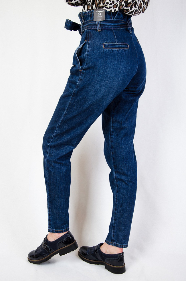 Ciemne jeansowe pumpy z wiązaniem w pasie