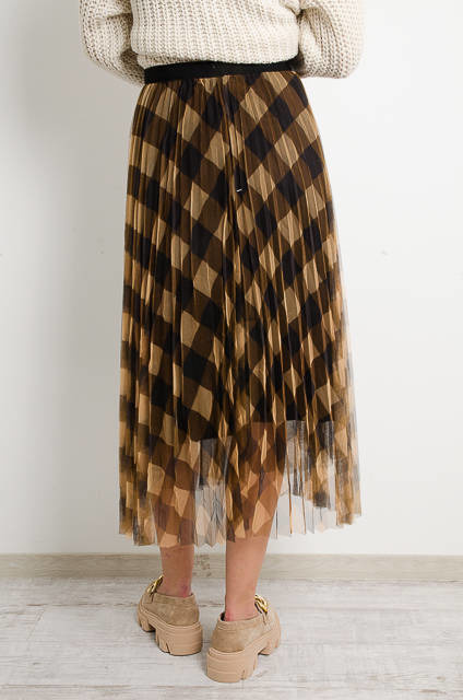 BRĄZOWA SPÓDNICA TIULOWA W KRATĘ 