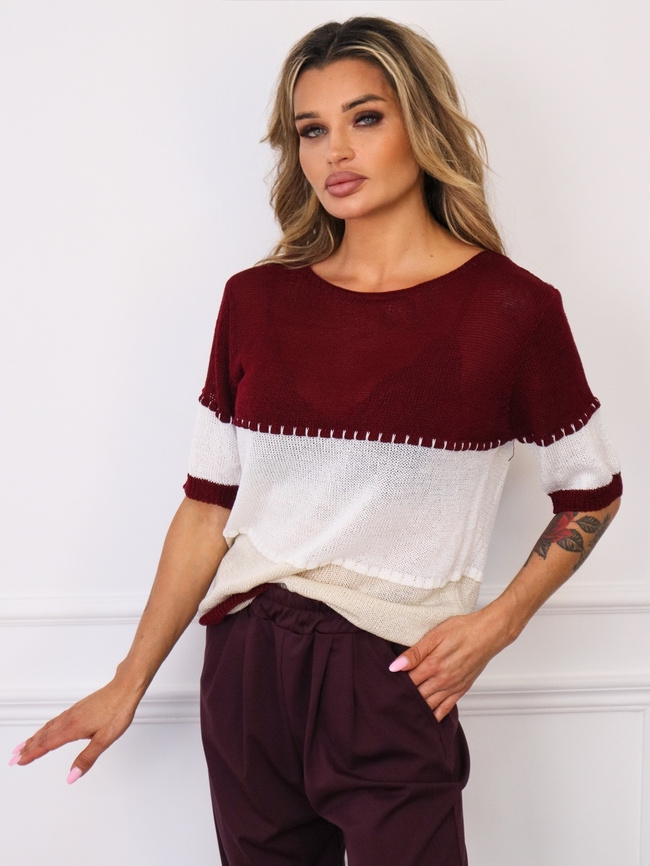 SWETER W PASKI Z KRÓTKIM RĘKAWEM- BORDOWY