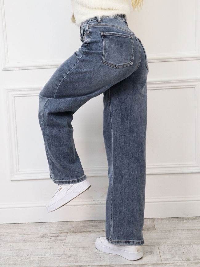 SPODNIE JEANSOWE Z SZEROKĄ NOGAWKĄ I WYSOKIM STANEM- CIEMNONIEBIESKIE