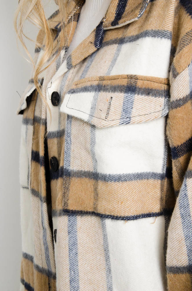 BEŻOWA FLANAELOWA KURTKA KOSZULOWA W KRATĘ 