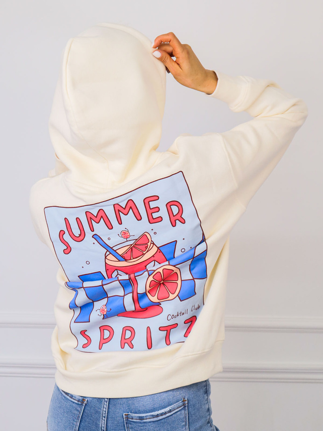 BLUZA Z KAPTUREM Z NAPISEM Z PRZODU I APIKACJĄ NA PLECACH- BIAŁA