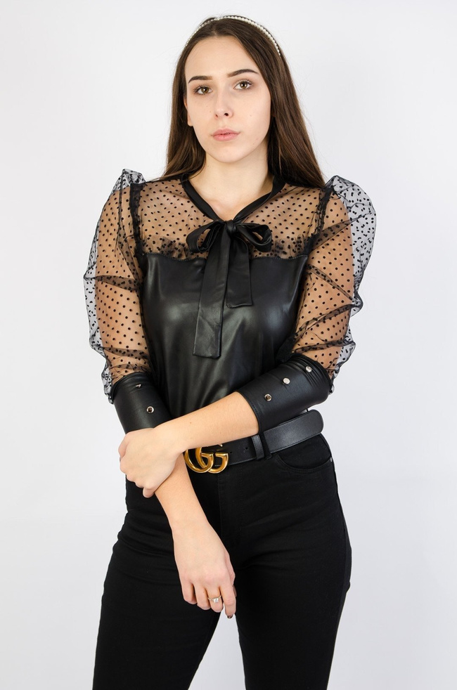 CZARNA BLUZKA Z IMITACJI SKÓRY Z SIATKĄ