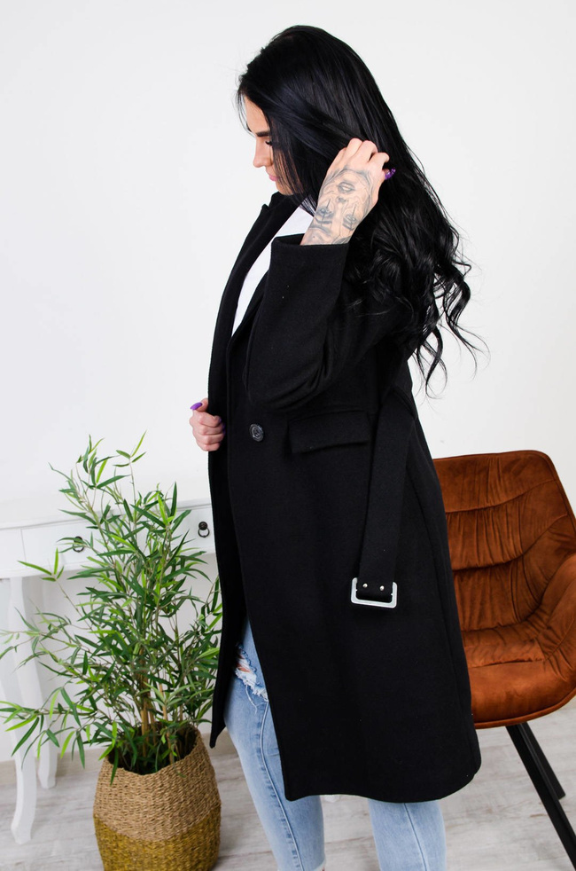 DŁUGI CZARNY TALIOWANY PŁASZCZ 