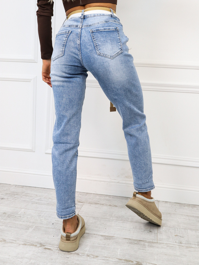 SPODNIE JEANSOWE MOM FIT  Z PRZECZYCIEM I PRZETARCIAMI+ PASEK