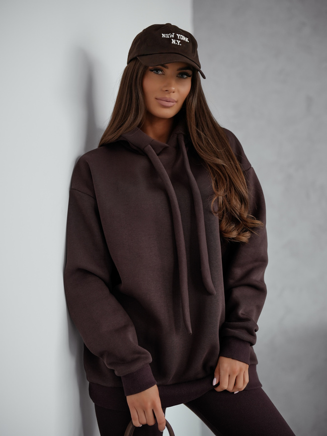 KOMPLET LEGGINSY PRĄŻKOWANE+ BLUZA OVERSIZE Z KAPTUREM- CZEKOLADOWY