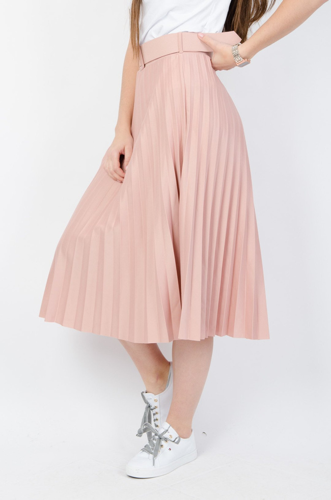 Różowa plisowana spódnica midi z paskiem