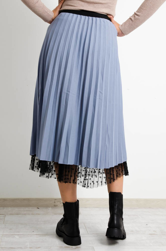 SZARA PLISOWANA SPÓDNICA MIDI Z TIULU W CZARNE KROPKI-DWUSTRONNA