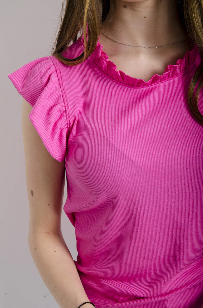 BLUZKA PRĄŻKOWANA Z FALBANKĄ RÓŻOWA