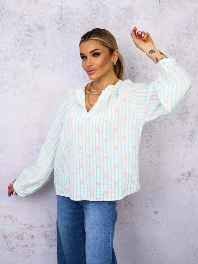 BLUZKA KOSZULOWA W PASKI I KWIATKI- ZIELONA