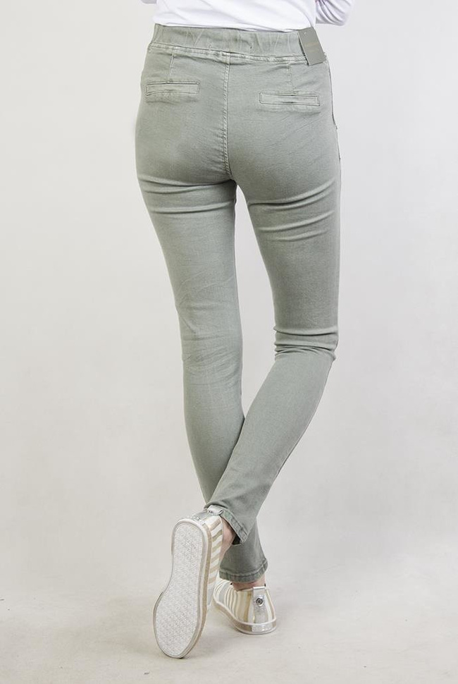 Zielone spodnie z zamkami i gumą w pasie