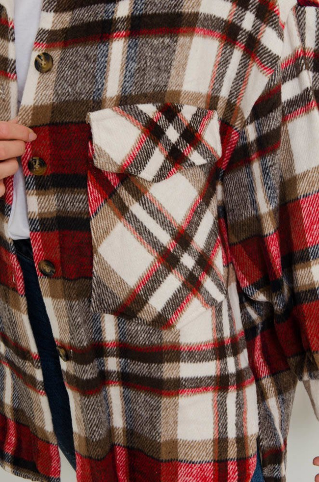 KURTKA KOSZULOWA W KRATĘ - CZERWONA