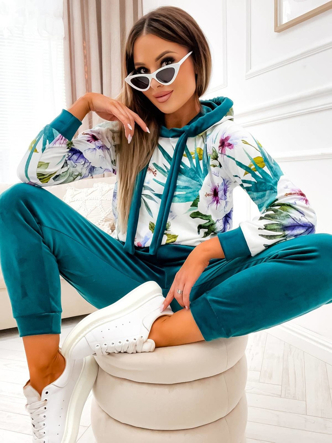 WELUROWY KOMPLET DRESOWY W KWIATY- BUTELKOWA ZIELEŃ