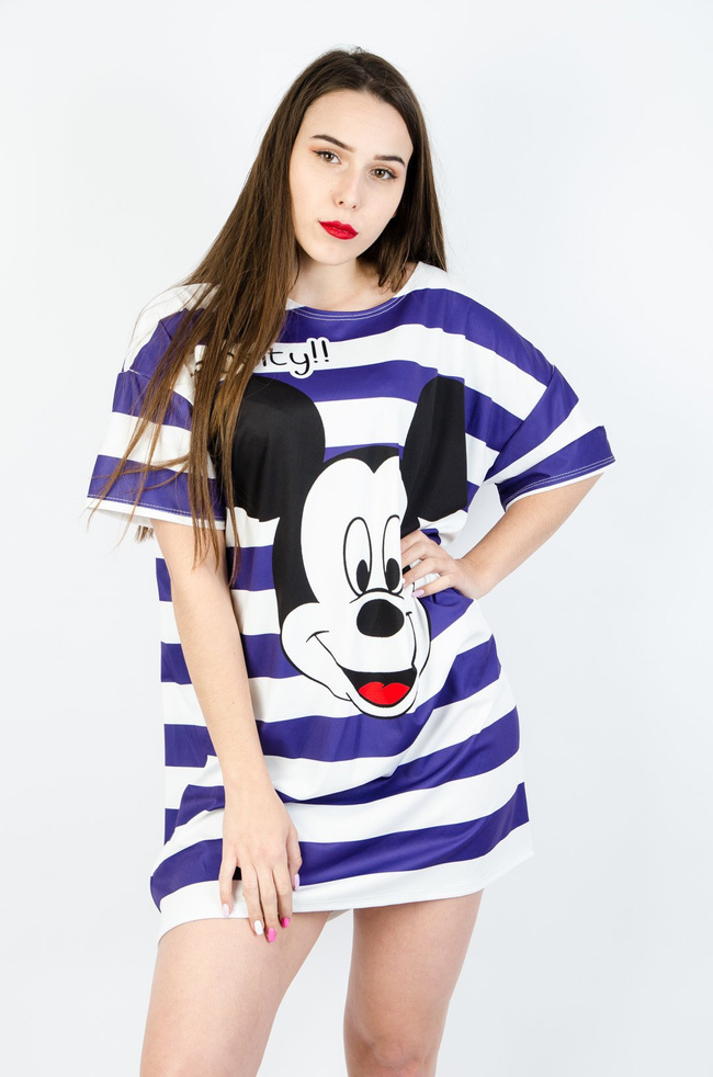 BIAŁA TUNIKA W PASKI Z APLIKACJĄ-FIOLETOWE PASKI