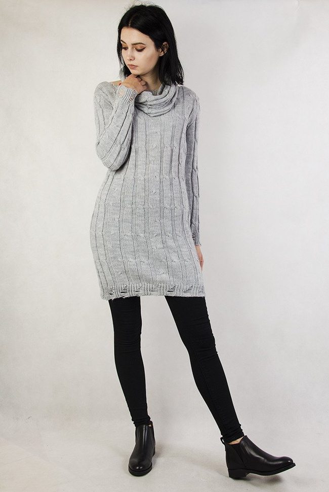 Szary sweter przedłużany, z kominem