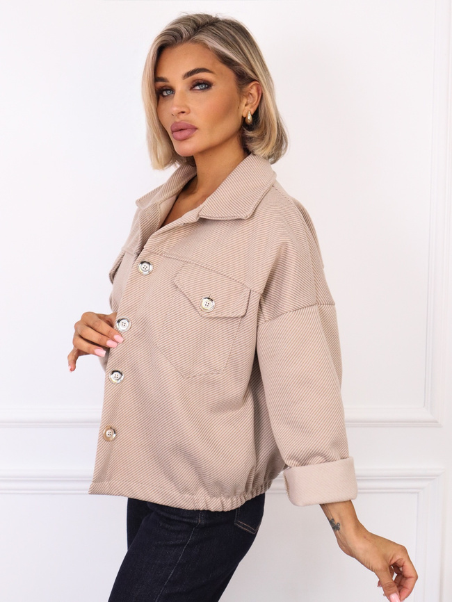 KURTKA OVERSIZE BEŻOWA W JASNE PASKI ZE ŚCIĄGACZEM NA DOLE