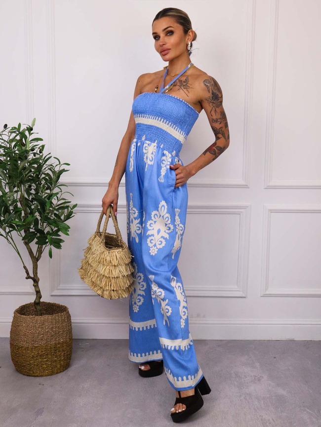 KOMBINEZON WZORZYSTY BEZ RAMIĄCZEK- NIEBIESKI