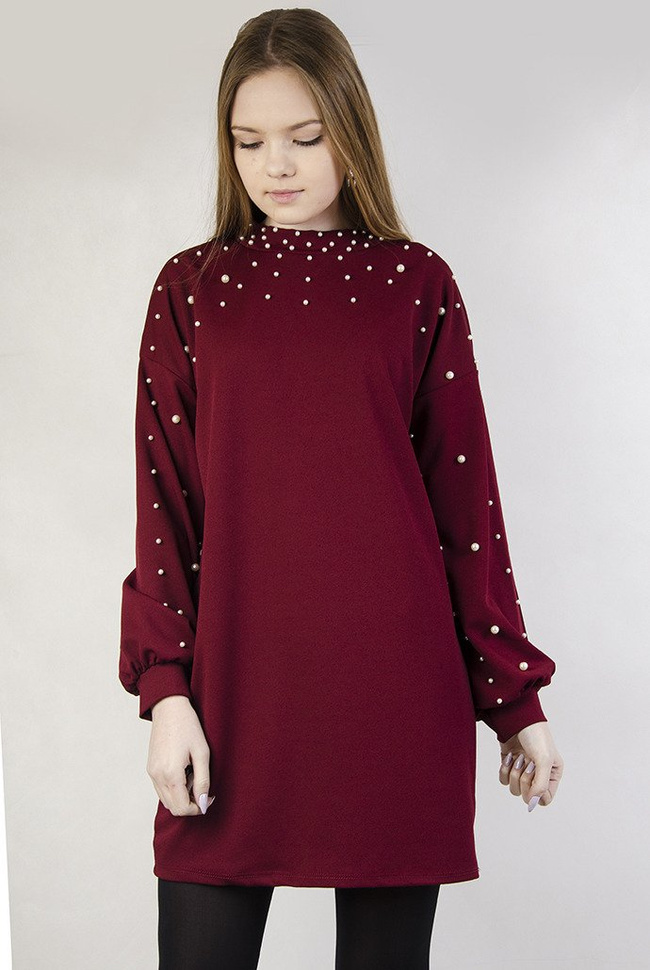 Bordowa sukienka z długim rękawem