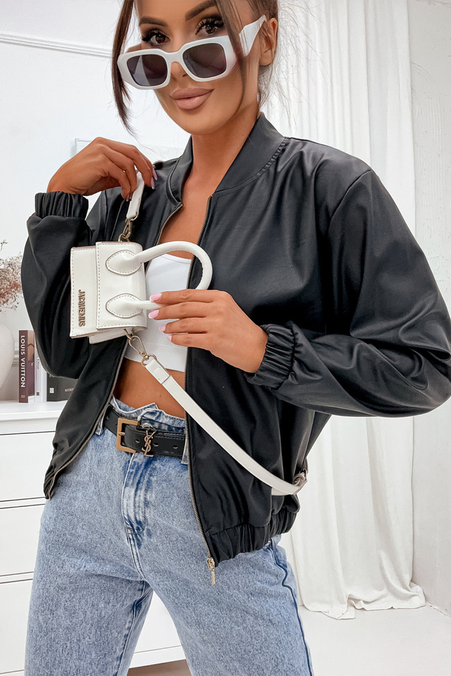 BLUZA SKAJKOWA Z ZAMKIEM I GUMĄ W PASIE- CZARNA