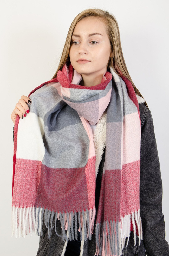 Bordowo-szaro-różowy szal w kratę 