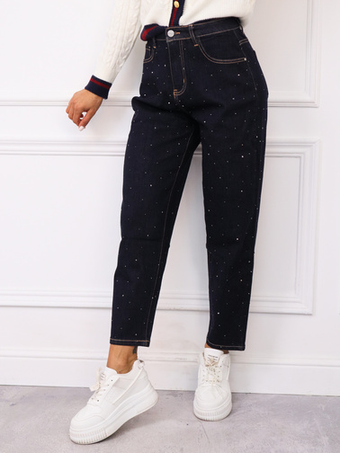 SPODNIE JEANSOWE MOM FIT Z CYRKONIAMI- CIEMNY GRANAT