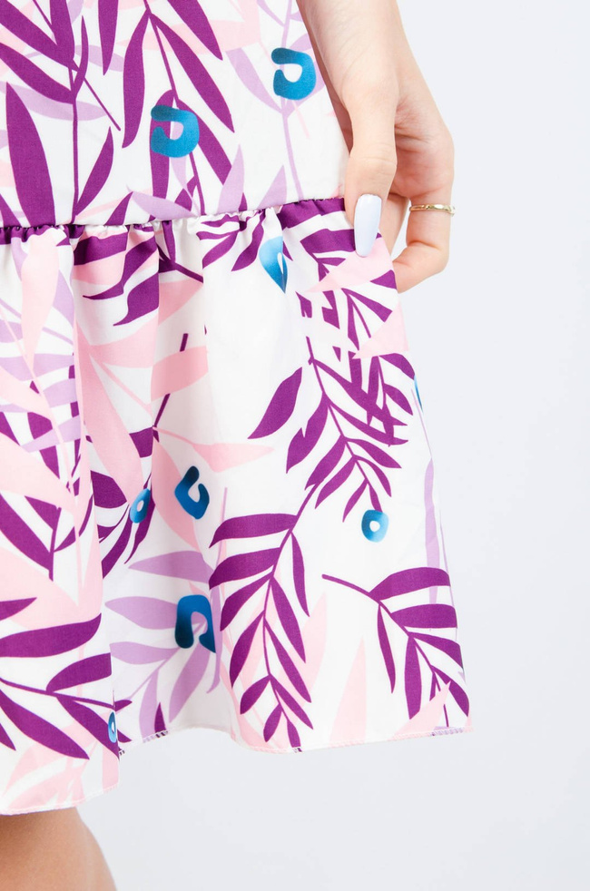 WZORZYSTA SUKIENKA WIĄZANA W PASIE - BIAŁO-RÓŻOWA