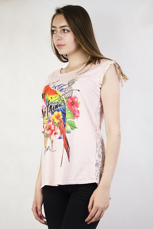 Jasnoróżowa bluzka bez rękawów z kolorowym nadrukiem